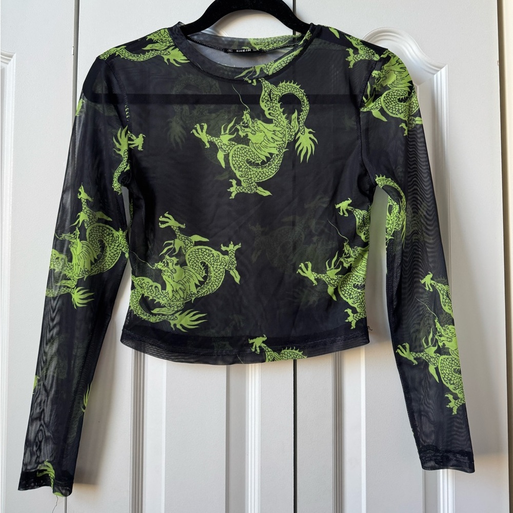 Mesh Black and Green Dragon Top - Size Small